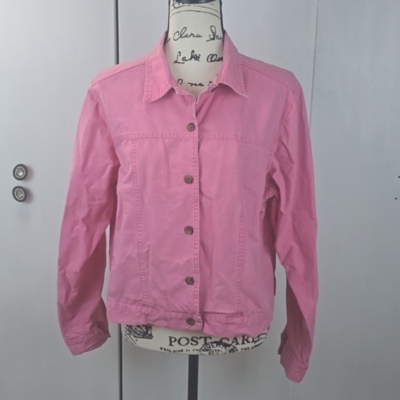 Alexis & Avery Pink Chambray Tortise Shell Button Jacket Chic Preppy Sz.L - Picture 1 of 10